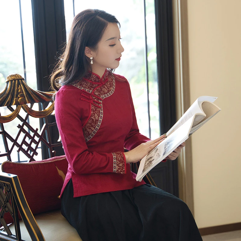 筠雅秋半身旗袍上衣中式唐装红色棉麻复古长袖盘扣中国风女装J138