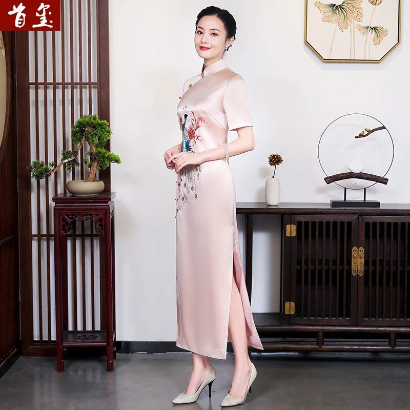 首玺  50166  新款高档醋酸旗袍手工绣花长款年轻款妈妈婚礼服