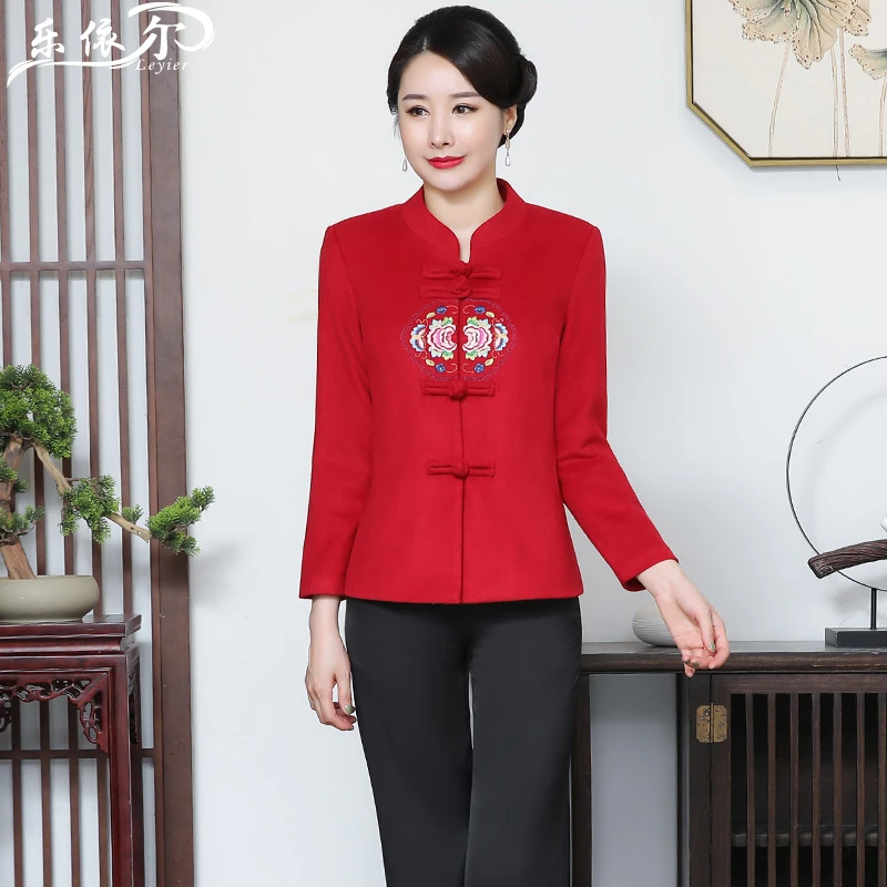 改良女宽松唐装呢子大衣外套中式喜婆婆妈妈装婚宴服旗袍上衣大码