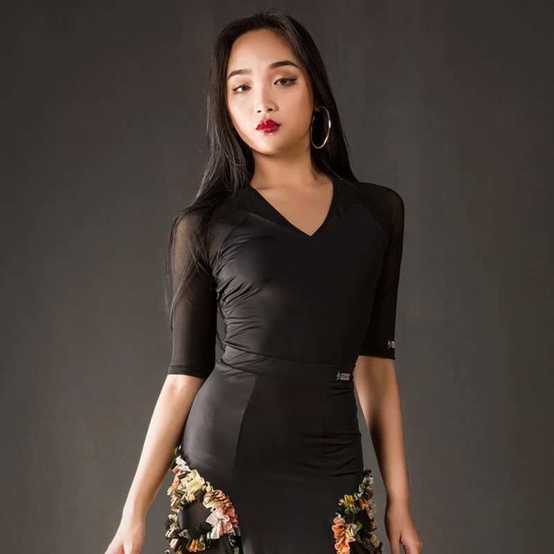 Hcdance拉丁舞练功服女新款拉丁舞服V领中袖性感连体上衣A1080