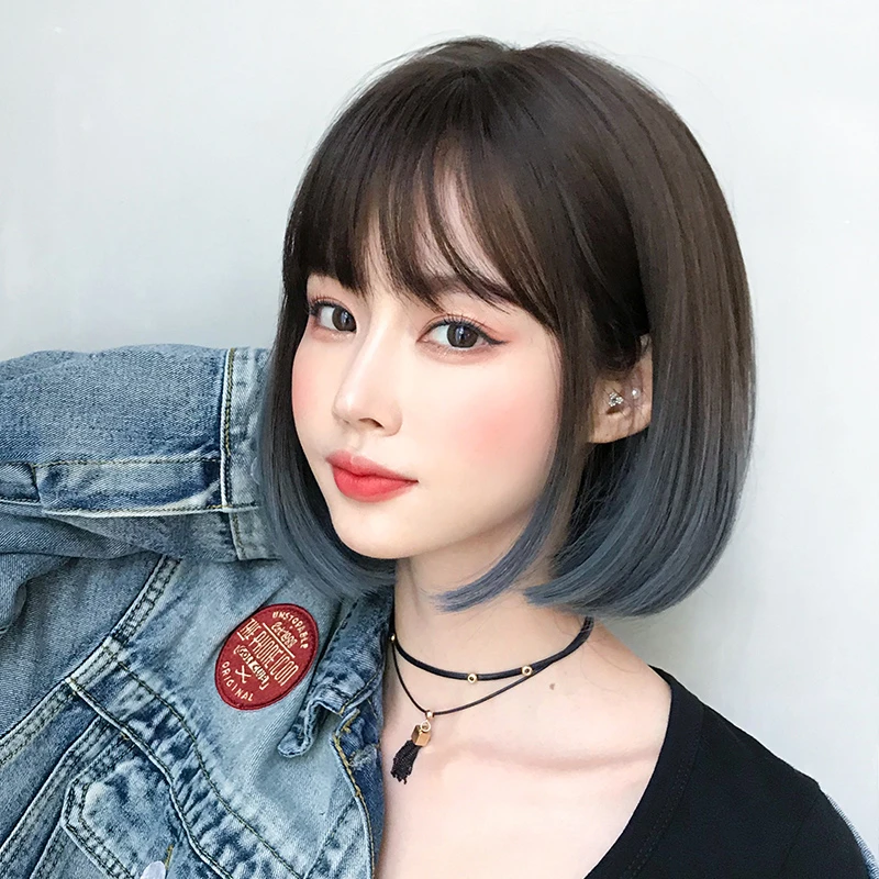蜜桃小姐D3103假发女短发学生头圆脸渐变雾霾蓝全头套内扣波波头