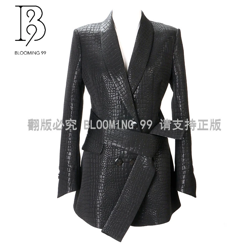 【B99官方旗舰店】女士黑色商务时尚龟裂纹修身西装WFWSJA3236-4