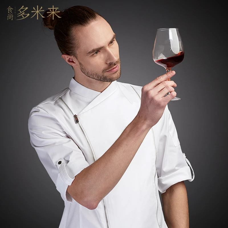 051多米来厨师服长袖调节袖时尚双拉链设计高档餐厅厨师长工作服