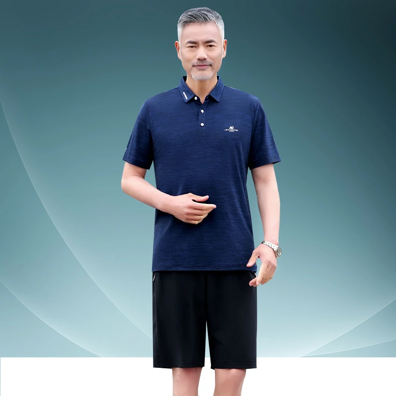 夏季冰丝套装短袖短裤中老年休闲运动套装爸爸装宽松大码男士t恤