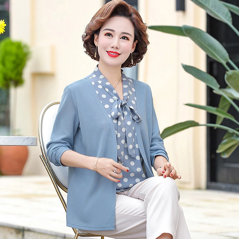中老年妈妈装长袖假两件套装夏季大码女装春秋圆领打底宽松老年人