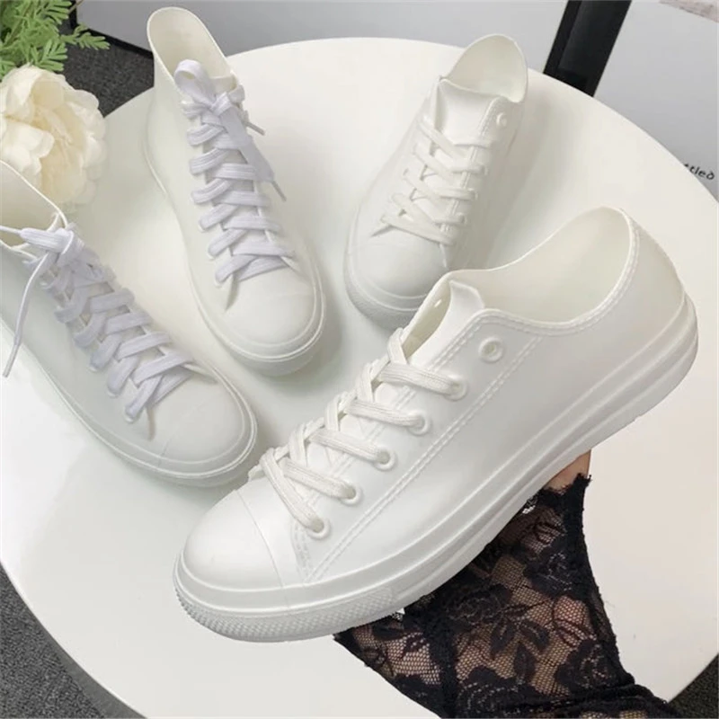 2055情侣休闲雨鞋女男低帮系带小白鞋显瘦防滑套鞋出口加大码潮流