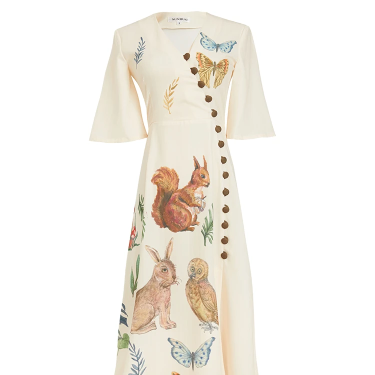 【小呆鸟专享】复古动物图案V领连衣裙