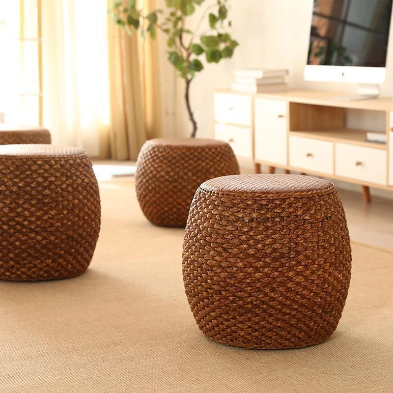 45高圆藤编实木矮凳简约换鞋凳小坐墩复古板凳客厅凳子家用坐凳