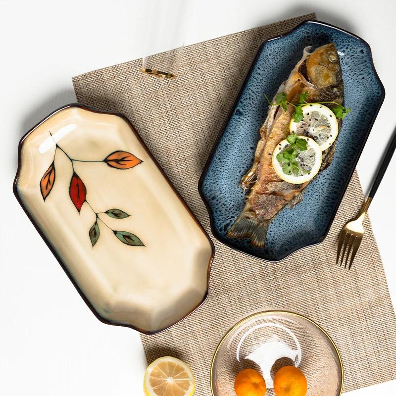 鱼盘家用可加热点心盘10英寸菜盘创意个性简约长方盘鱼盘陶瓷餐具
