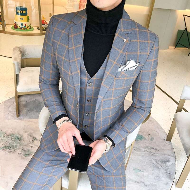SJT94男士西服套装休闲格子商务宴会婚礼服两粒扣韩版修身西装