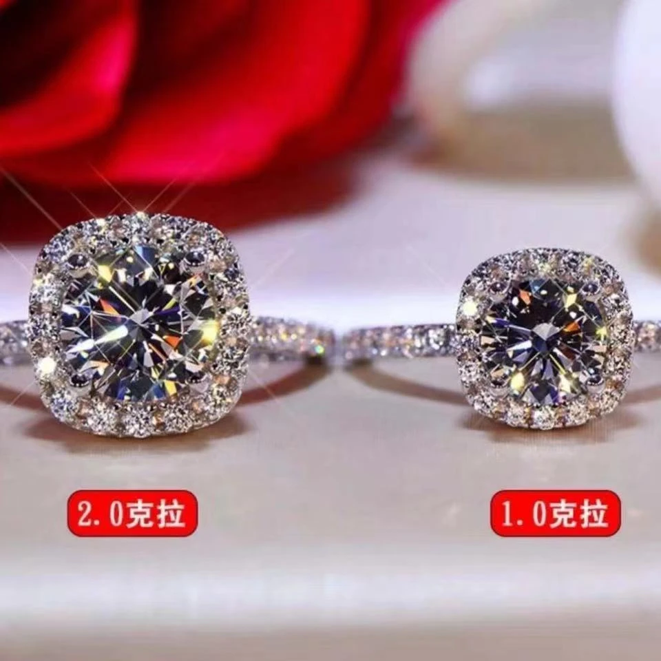 925银莫桑石戒指 微镶方苞女款戒指  结婚求婚豪华情侣合成碳硅石