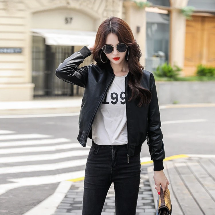 海宁皮衣棒球服女士短款立领机车服皮夹克加绒小外套