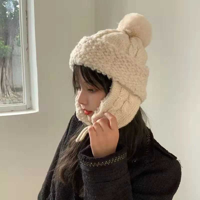护耳雷锋帽女绑带针织帽冬天骑车加厚保暖毛线帽北方户外滑雪帽潮