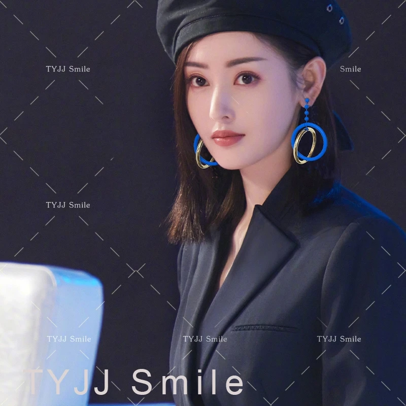 合金亚克力耳饰 个性圆圈耳环会变动的蓝色大圈圈耳坠大气时尚饰