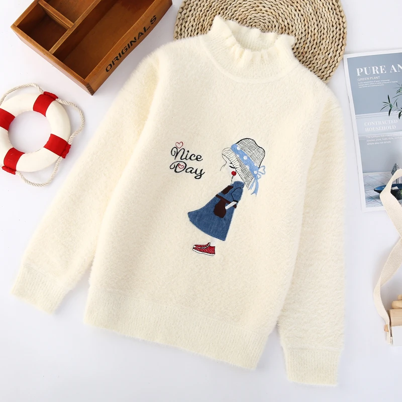 女童一体绒毛衣秋冬加绒加厚女孩中大童半高领套头儿童白色洋气潮