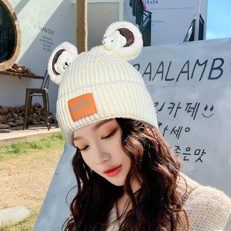小熊耳朵萌妹毛线帽子女2022新潮甜美软糯针织套头帽护耳保暖百搭
