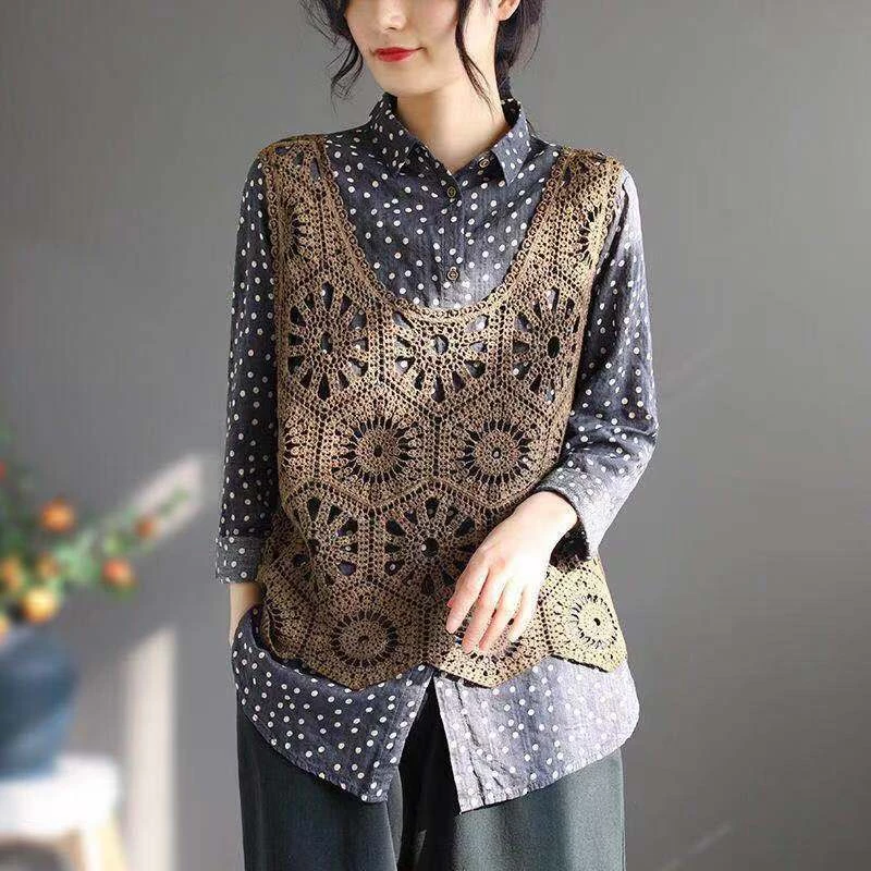 精选春秋款文艺复古镂空棉线针织背心女外搭宽松钩花马甲百搭上衣