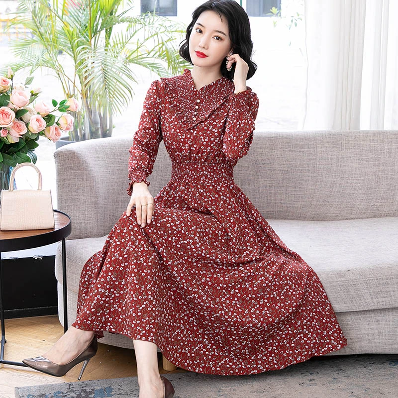 长袖碎花雪纺连衣裙女2024新款春装荷叶边长款收腰显瘦气质长裙