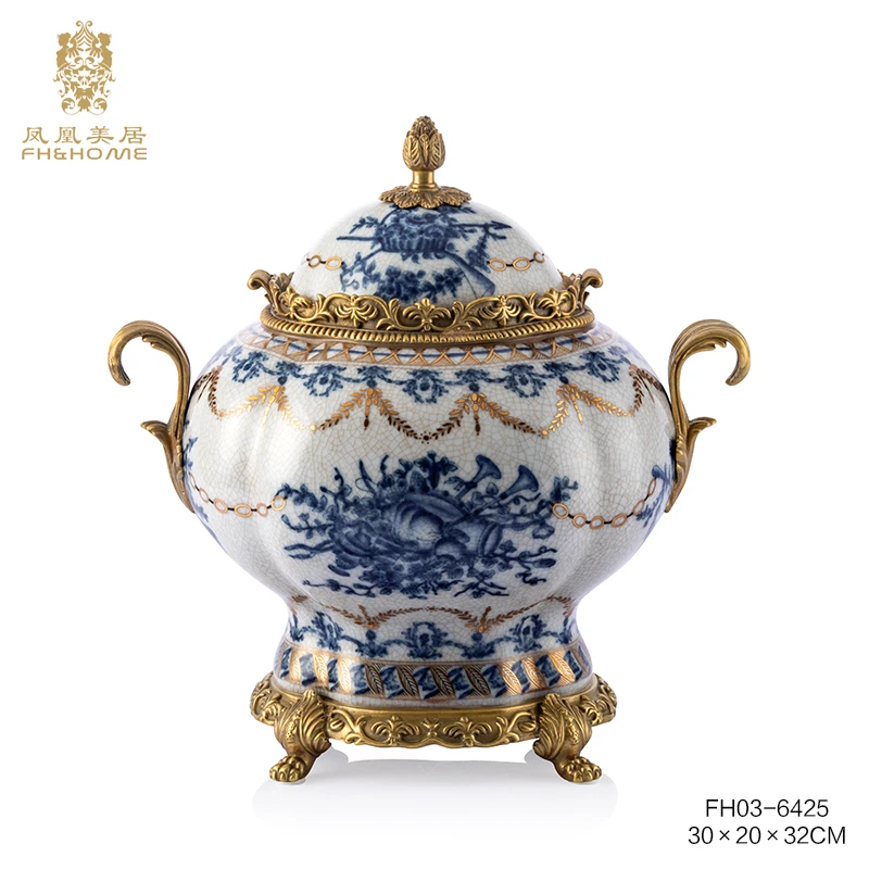 FH&HOME/凤凰美居欧式大肚海棠青花盖盒储物盖坛新家家居装饰摆件