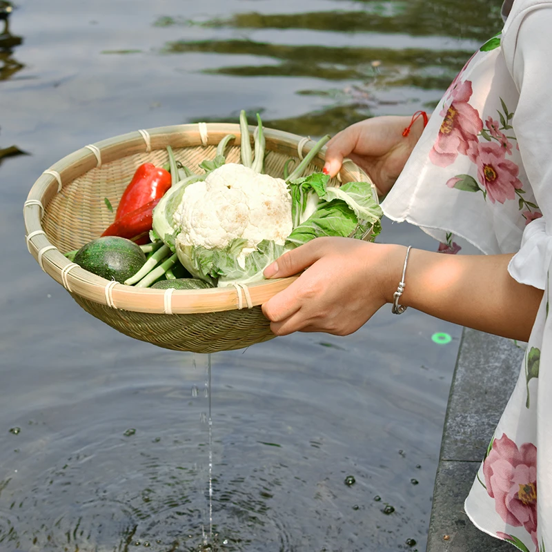 圆形竹编筲簸箕竹青头层皮藤条包边纯手工艺特产装菜沥水米