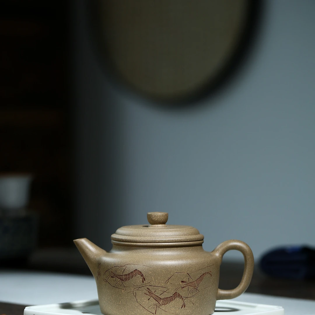 （掌柜自做）宜兴紫砂壶茶壶剑流德钟蟹壳青段手工刻绘245毫升手制