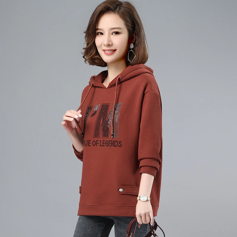 9032加绒卫衣女加厚冬季2021新款40岁中年春秋宽松套头连帽棉上衣