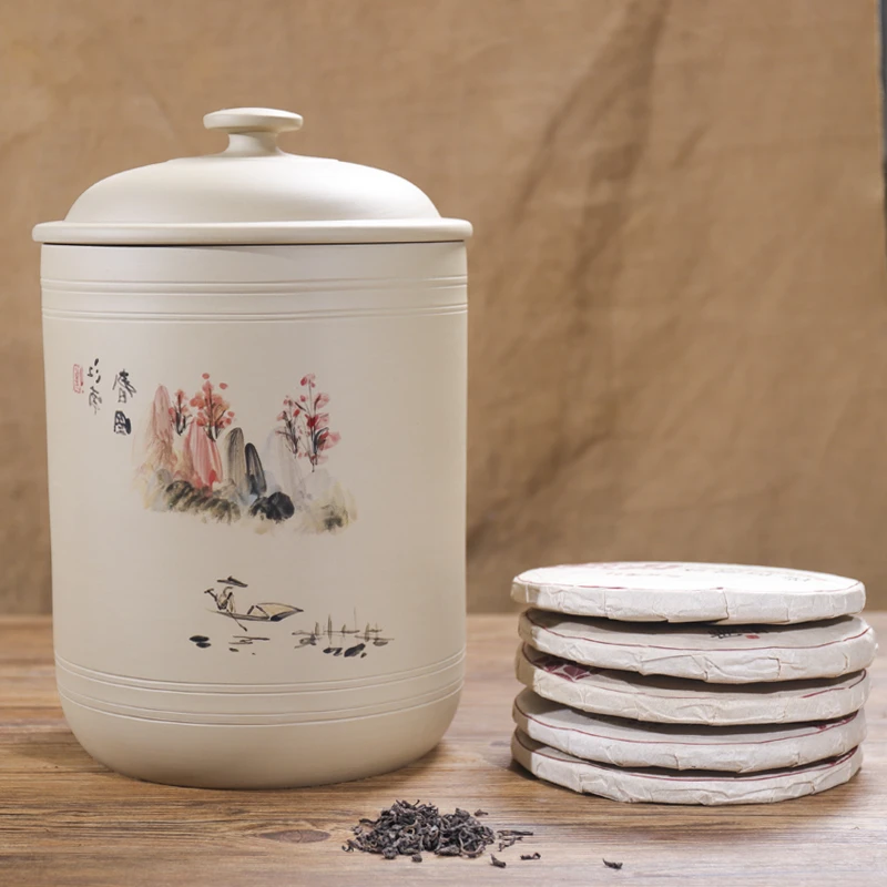 【滇匠】建水紫陶白泥彩绘密封普洱茶存茶手工茶叶罐中式储茶罐缸
