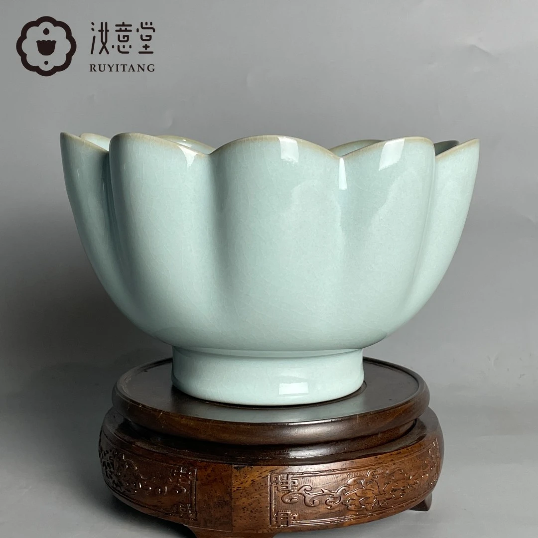 汝意堂原矿天青釉 传世摆件 莲花式温碗 汝意堂底款 家居装饰