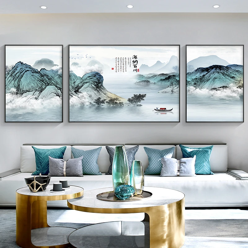 顺丰直发【晶瓷镶钻】客厅装饰画中式山水画沙发背景墙挂画三联画