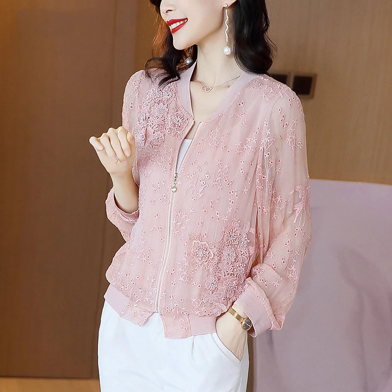 春夏外套女薄款2025新款重工刺绣长袖宽松粉色棒球服短款防晒衫