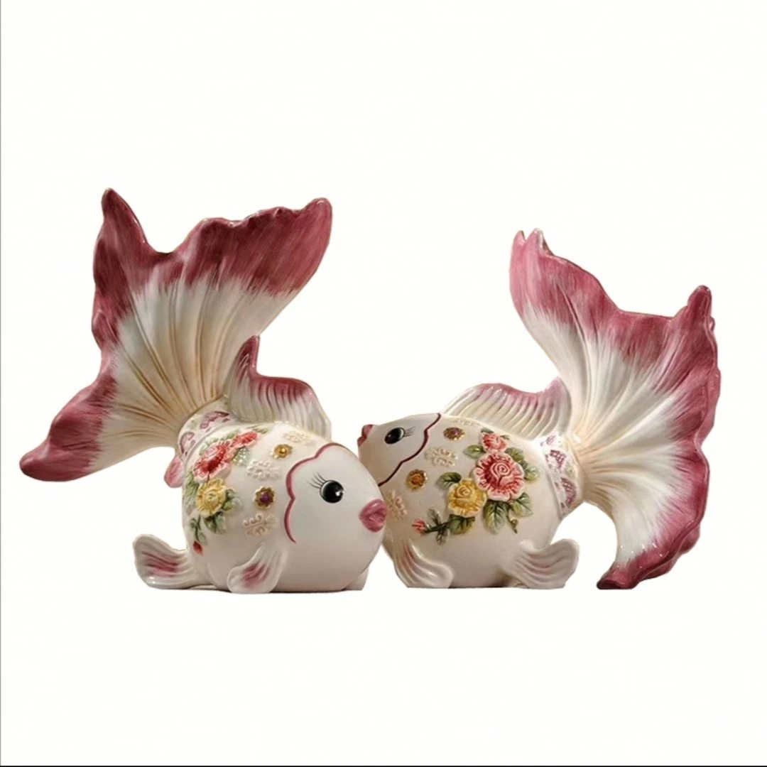 维多利亚粉花金鱼一对摆件玄关客厅电视柜摆件礼品乔迁新居精致