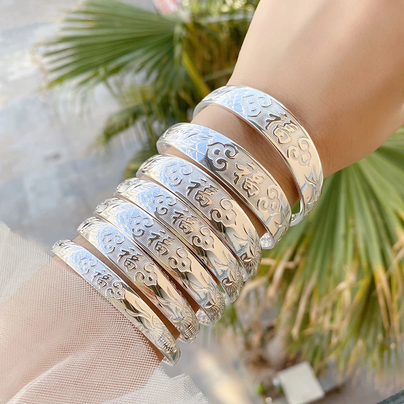 足银手镯 9999纯银龙凤福字手镯女实心百搭推拉银镯子母亲送妈妈