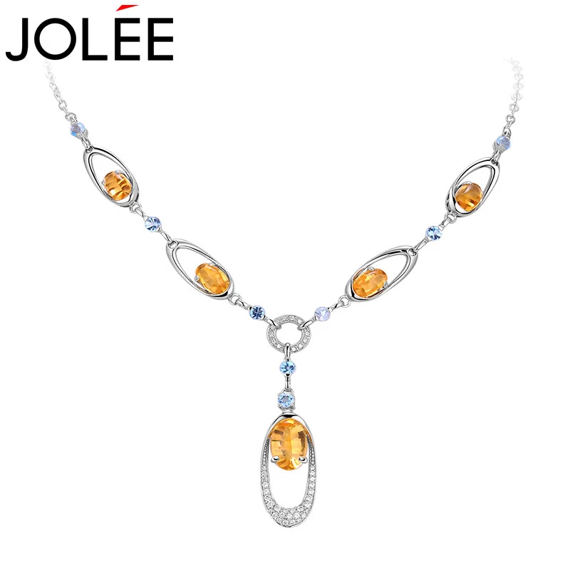 Jolee服饰项链女天然黄晶S925银晚宴项链奢华首饰品节日礼物