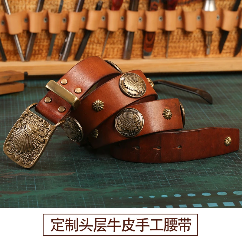 养牛！复古机车骑行腰带-整张牛皮切割-男士腰带-阿美咔叽