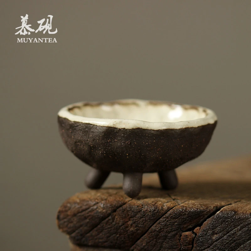 慕砚 日式手捏品茗杯 家用普洱功夫茶盏创意三足茶杯粗陶茶具单杯