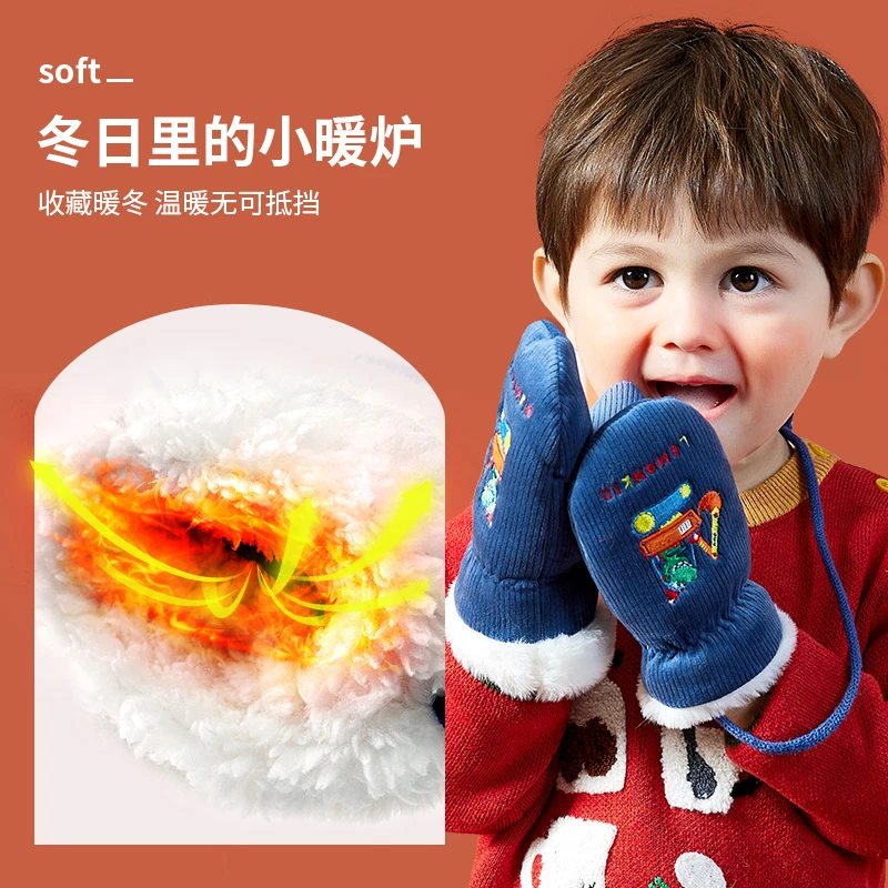 【旗舰店】柠檬宝宝儿童手套冬季保暖加厚毛绒挂脖宝宝灯芯绒手套