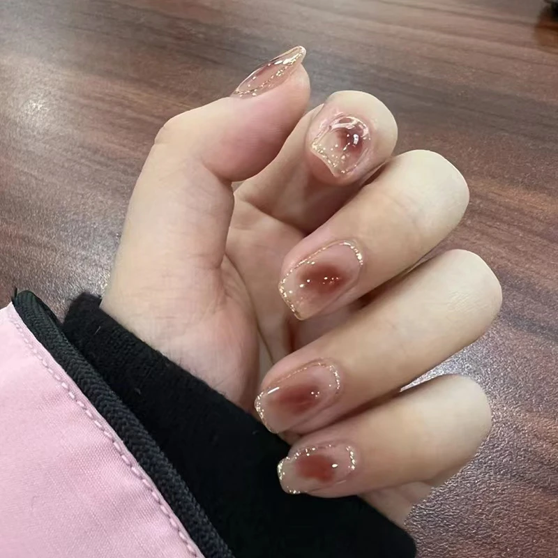 （中短款）金边晕染腮红 假指甲贴片 可反复拆卸美甲贴成品穿戴甲