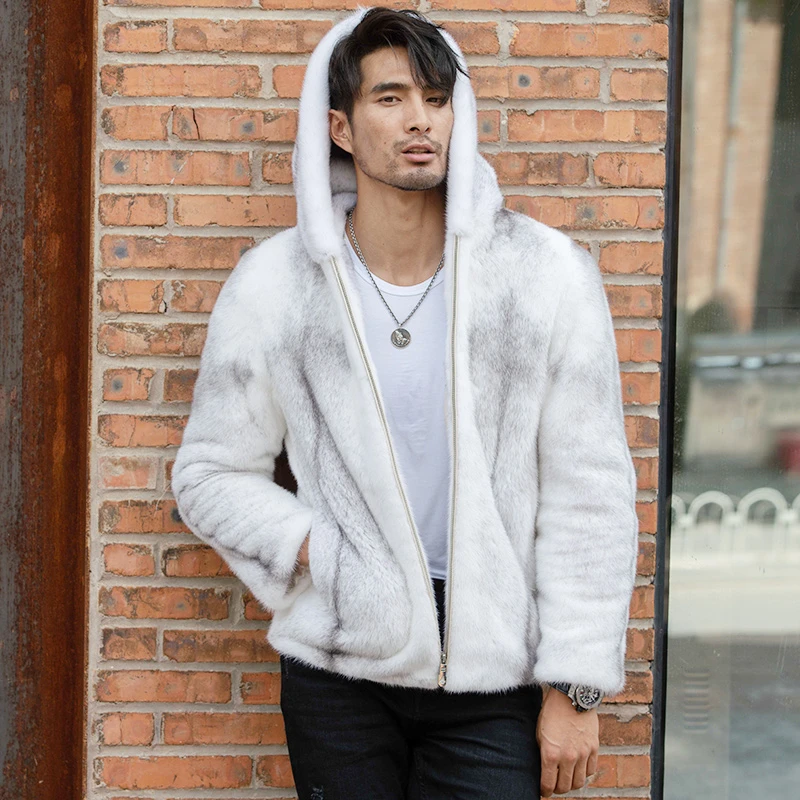 进口银十字丹麦紫金级天鹅绒男士海宁貂皮大衣外套连帽皮草男款