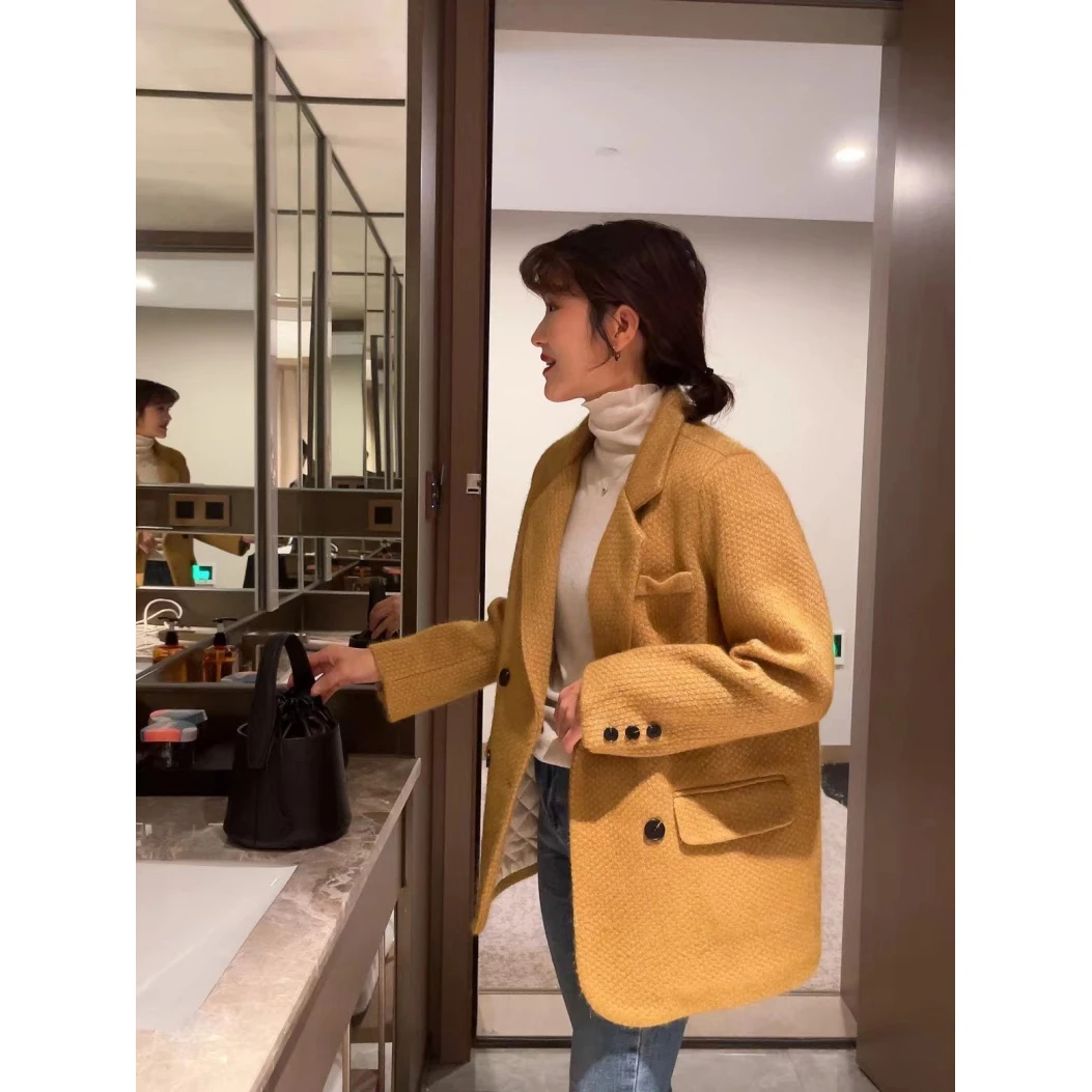 宽松毛呢休闲外套女新款加棉气质显瘦时尚长袖西装外套加厚女冬