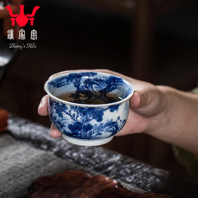 钟家窑主人杯单杯景德镇青花柴窑满工重工纯手绘山水个人专用茶杯