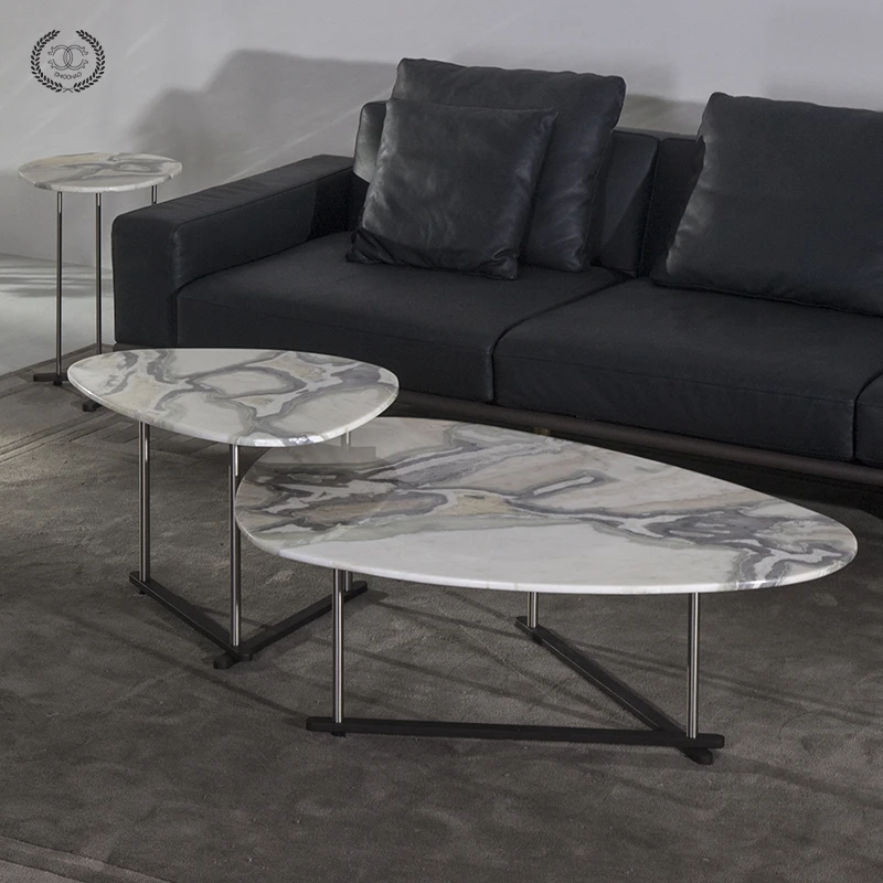 潮巢奢石茶几组合 意式椭圆 轻奢不锈钢极简天然大理石小圆桌茶几