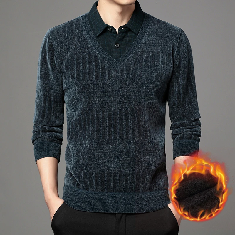 男士加绒假两件毛衣冬季新款加厚商务长袖爸爸打底衫保暖毛衣休闲