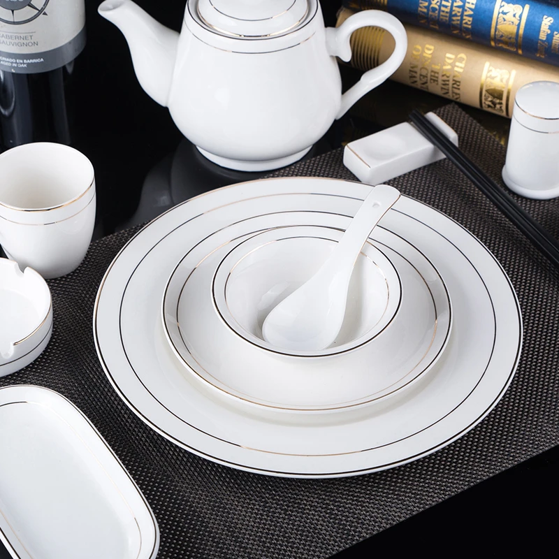 星级酒店用品摆台餐具套装双金线骨碟翅碗杯勺筷中式饭店会所陶瓷