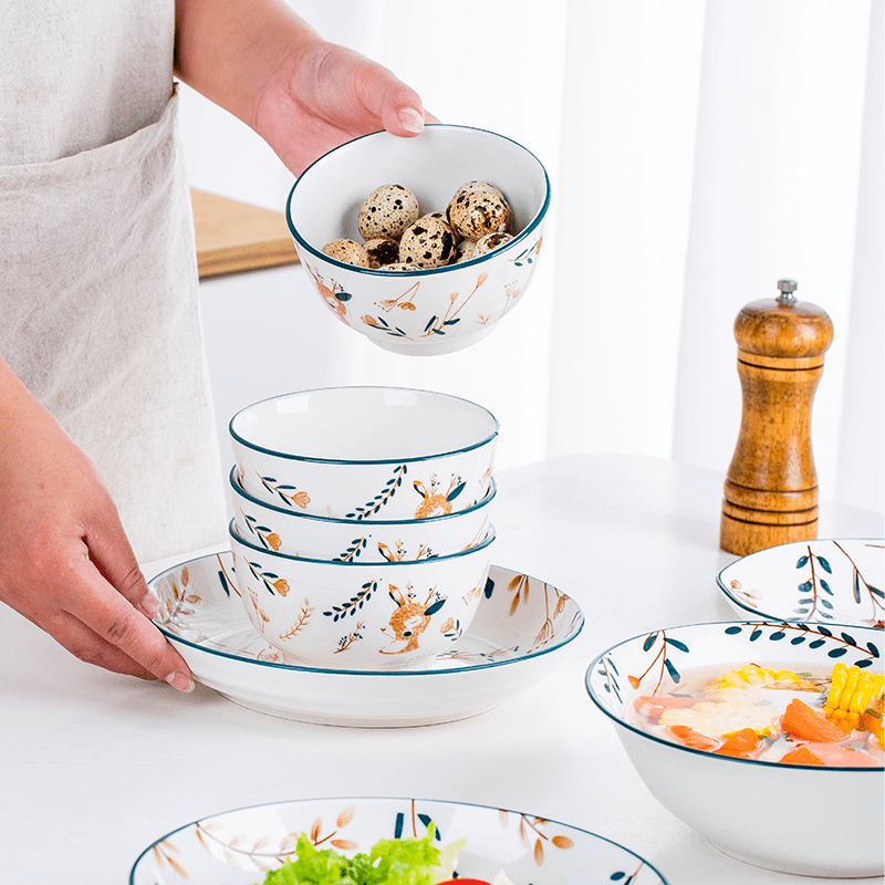 小鹿4.5英寸个性家用饭碗8个装景德镇陶瓷碗盘餐具日式釉下彩防烫