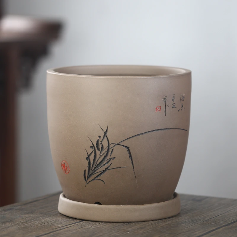 神力花盆 兰草花盆紫砂 君子兰盆 绿萝花盆简约透气圆形手工花盆