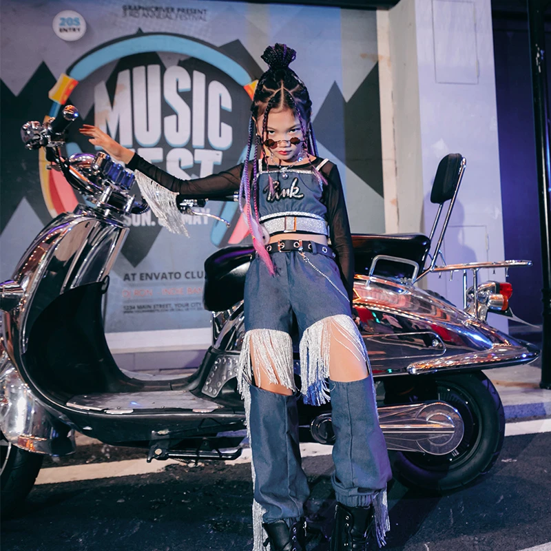 雉子灵少儿爵士舞时髦套装女童演出潮服酷帅儿童街舞服装嘻哈衣服