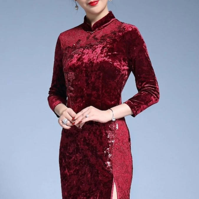 宸妙艳69171婚礼妈妈礼服高贵优雅洋气喜婆婆喜妈妈丝绒改良旗袍