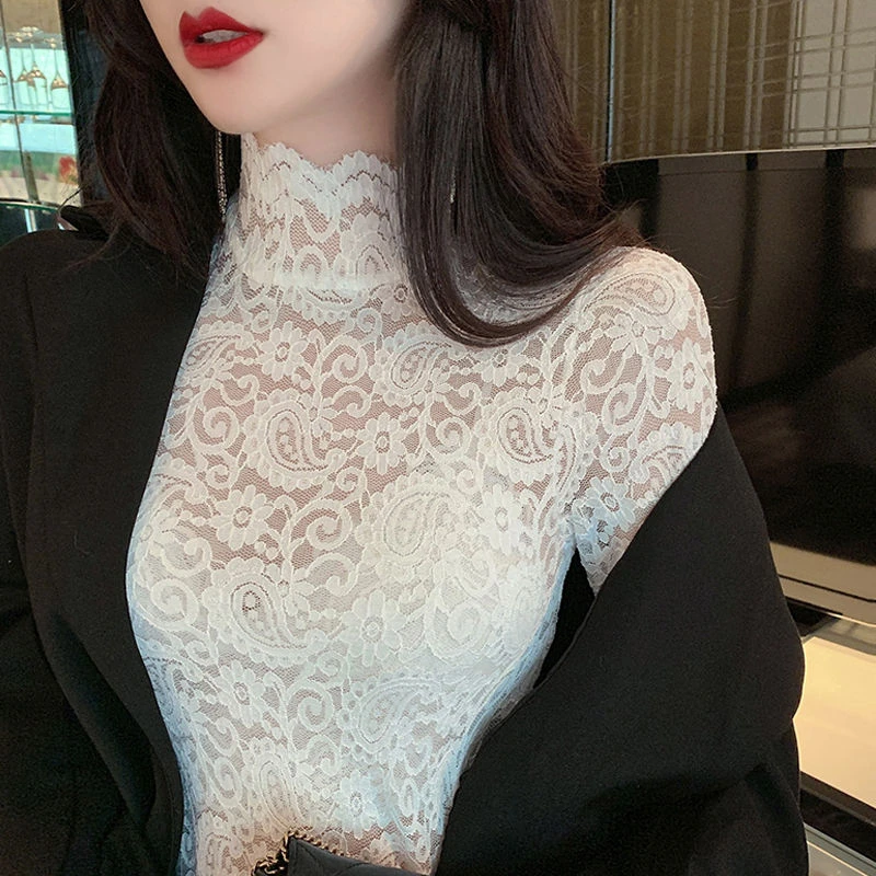 加绒/不加绒蕾丝打底衫女长袖半高领上衣秋冬新款内搭显瘦女洋气