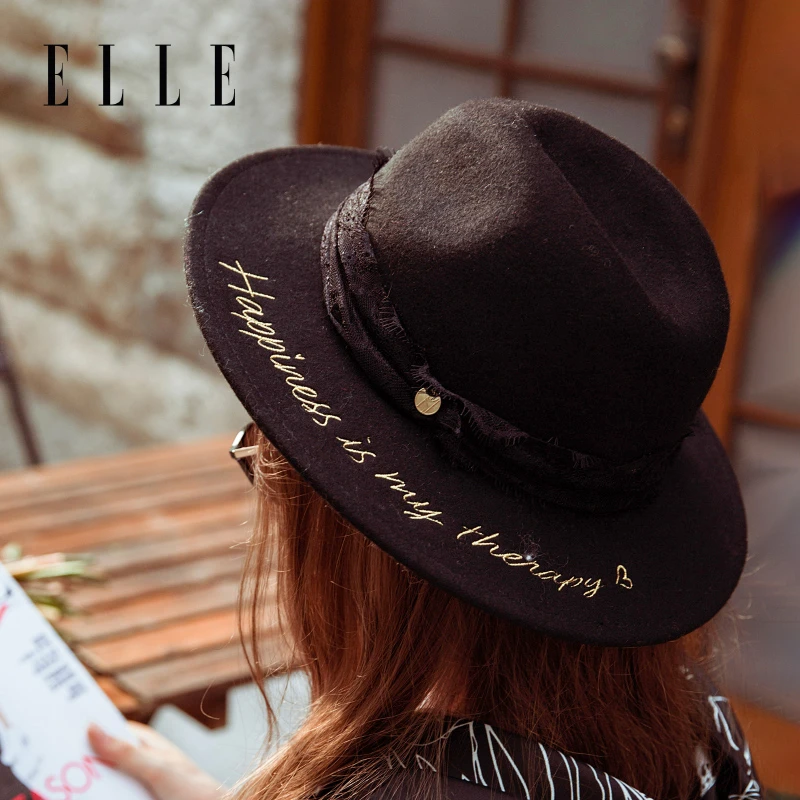 ELLE礼帽秋冬新款保暖女士刺绣羊毛蕾丝装饰毛毡礼帽20WE15001