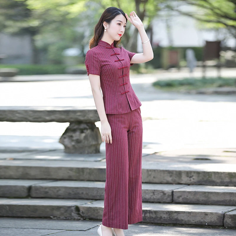 阔腿裤套装女夏季高端时尚中式两件套修身中国风原创棉麻女装J593